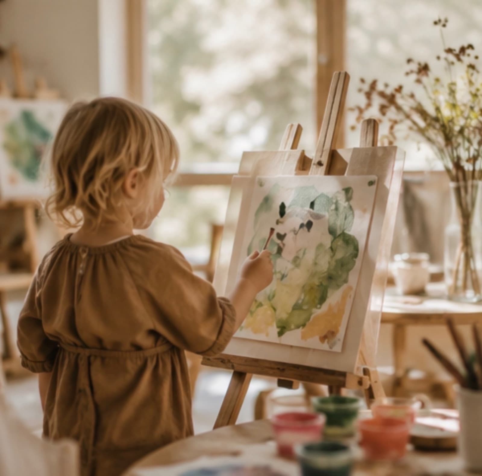 A child painting at a wooden easel by a sunlit window