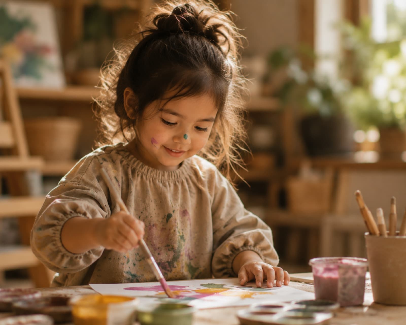 A child smiling while painting with bright colours