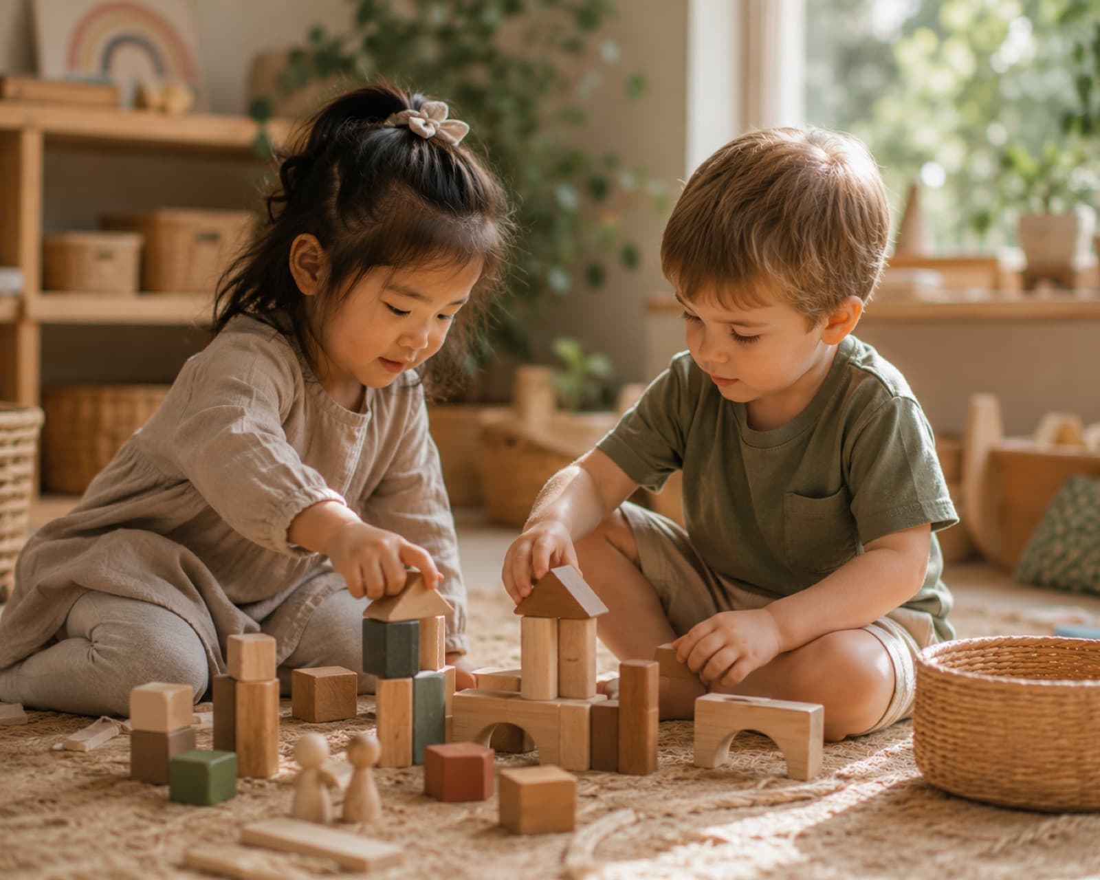 Two children building together with natural wooden blocks on a rug