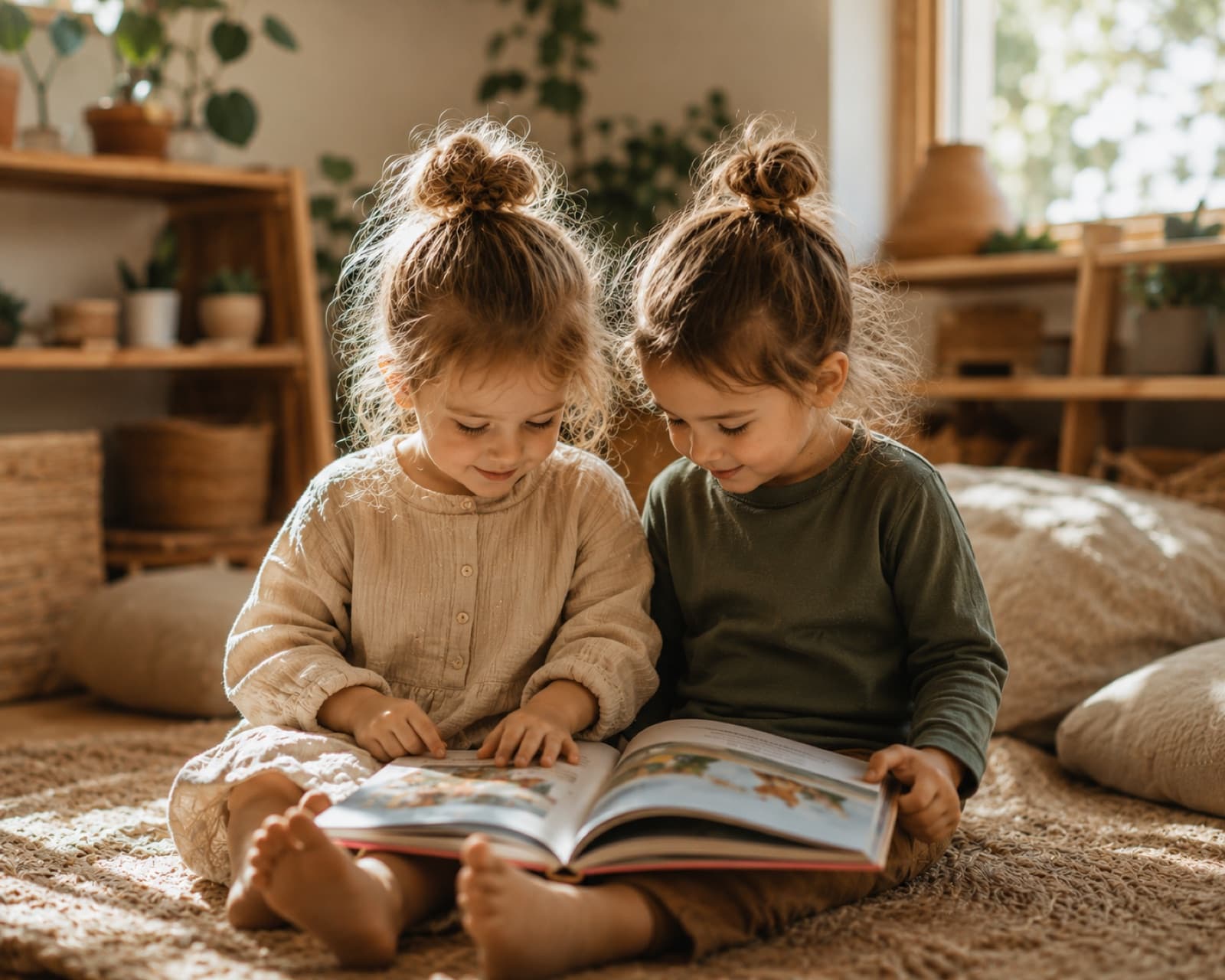 Two children reading a picture book together