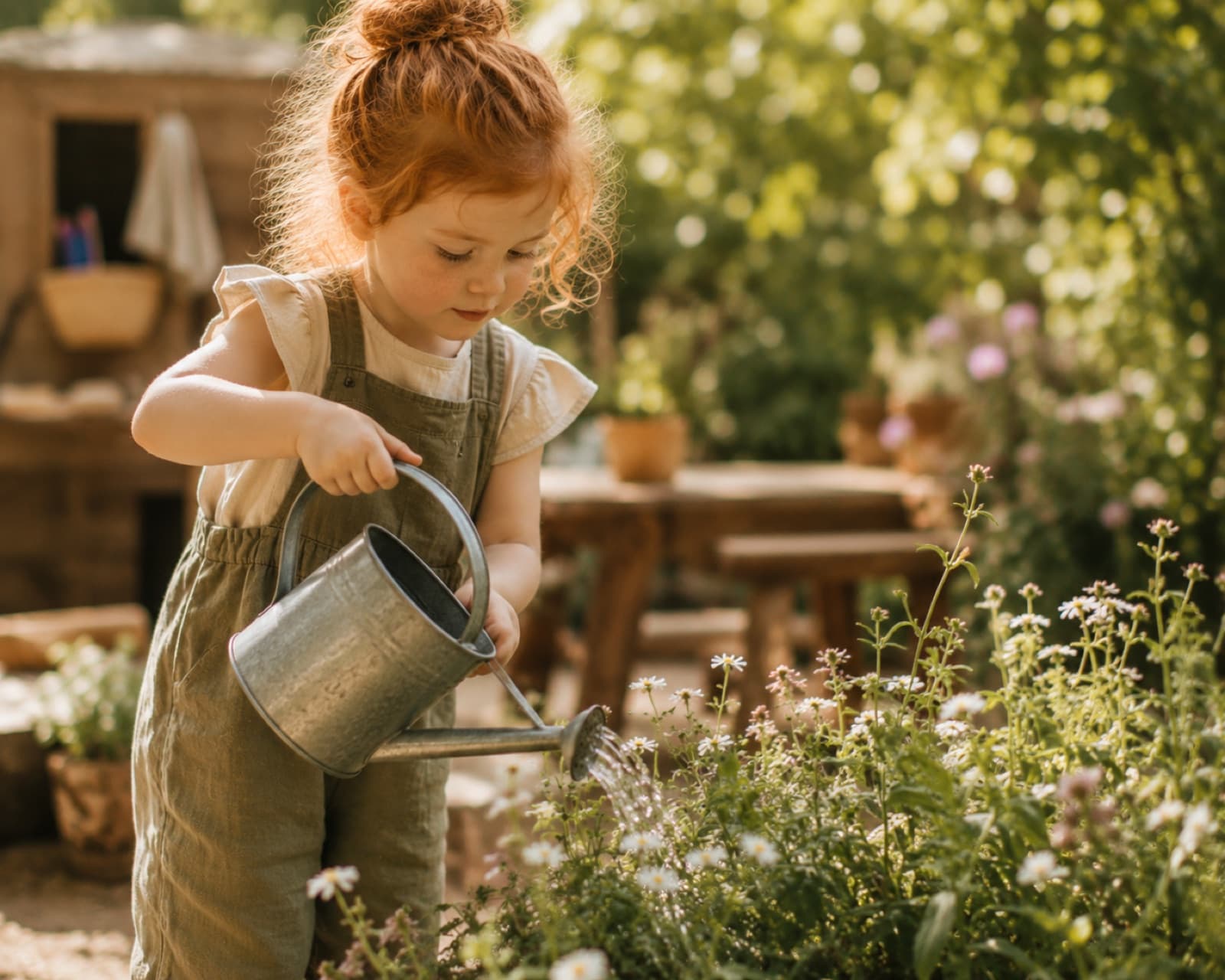 A child watering flowers in a garden with a metal watering can