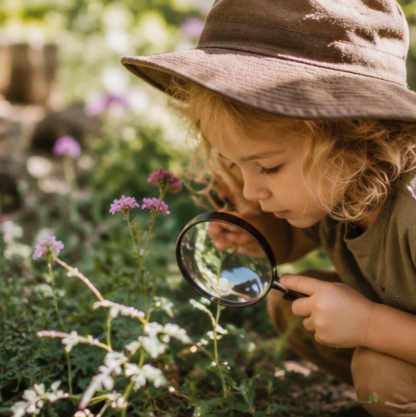 A child in a sunhat examining wildflowers with a magnifying glass