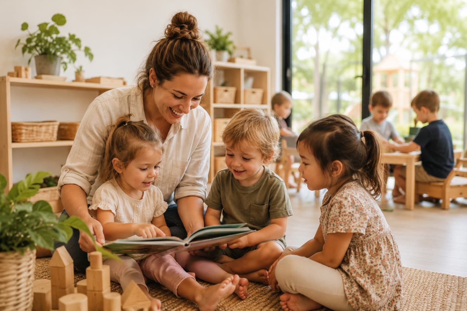 An educator reading a picture book with a group of young children in a warm classroom
